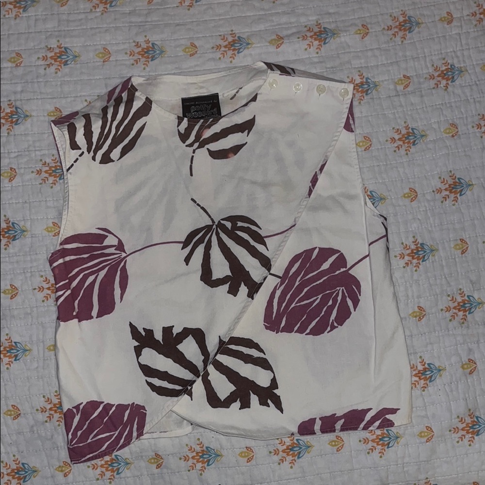 Vintage Patty Woodward White and Purple Mandarin Collar Blouse